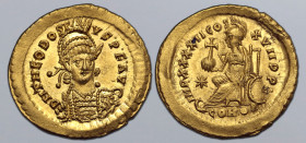Theodosius II AV Solidus. Constantinople, AD 441-450. D N THEODOSIVS • P • F • AVG, pearl-diademed, helmeted and cuirassed bust facing slightly to rig...