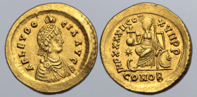 Aelia Eudocia (wife of Theodosius II) AV Solidus. Constantinople, AD 441-450. AEL EVDOCIA AVG, pearl-diademed and draped bust to right, crowned by man...