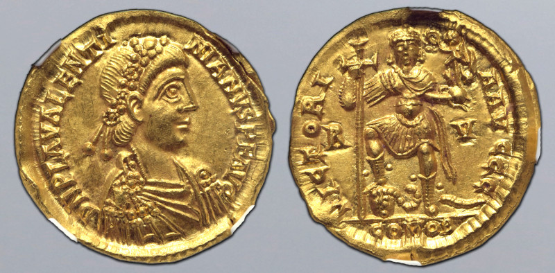 Valentinian III AV Solidus. Ravenna, AD 426-430. D N PLA VALENTINIANVS P F AVG, ...