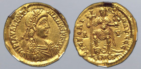 Valentinian III AV Solidus. Ravenna, AD 426-430. D N PLA VALENTINIANVS P F AVG, rosette-diademed, draped and cuirassed bust to right / VICTORIA AVGGG,...