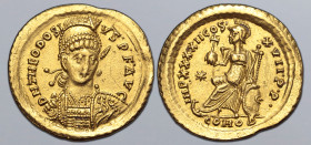 Theodosius II AV Solidus. Constantinople, AD 441-450. D N THEODOSIVS • P • F • AVG, pearl-diademed, helmeted and cuirassed bust facing slightly to rig...