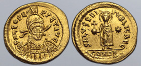 Leo I, with Patricius (or Leo II?), as Caesar, AV Solidus. Constantinople, AD 470-471 or 474. D N LEO PERPET AVG, pearl-diademed, helmeted and cuirass...