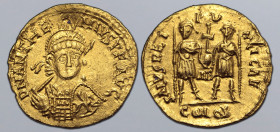 Anthemius AV Solidus. Mediolanum, AD 467-472. D N ANTHEMIVS P F AVG, pearl-diademed, helmeted, and cuirassed bust facing slightly to right, holding sp...