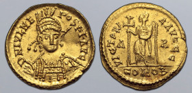Julius Nepos AV Solidus. Arelate, AD 474-475. D N IVL NEPOS P F AVG, pearl-diademed, helmeted and cuirassed bust facing slightly to right, holding spe...