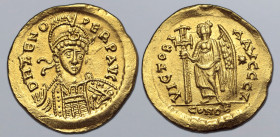 Zeno AV Solidus. Constantinople, AD 476-491. D N ZENO PERP AVG, pearl-diademed, helmeted and cuirassed bust facing slightly to right, holding spear an...