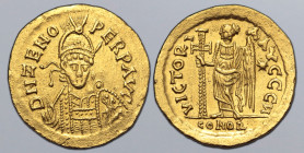 Zeno AV Solidus. Constantinople, AD 476-491. D N ZENO PERP AVG, pearl-diademed, helmeted and cuirassed bust facing slightly to right, holding spear an...