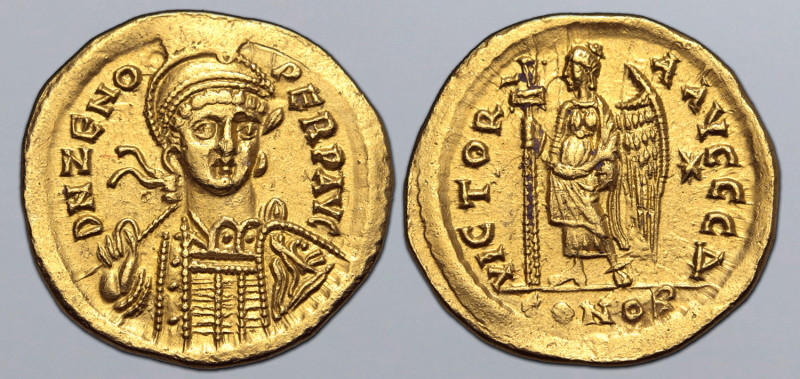 Zeno AV Solidus. Constantinople, AD 476-491. D N ZENO PERP AVG, pearl-diademed, ...