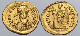 Zeno AV Solidus. Constantinople, AD 476-491. D N ZENO PERP AVG, pearl-diademed, helmeted and cuirassed bust facing slightly to right, holding spear an...