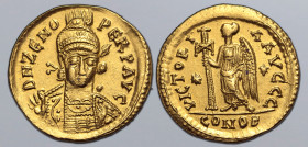 Zeno AV Solidus. Thessalonica, AD 476-491. D N ZENO PERP AVG, pearl-diademed, helmeted and cuirassed bust facing, holding spear and shield decorated w...