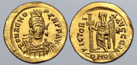 Pseudo-Imperial, Odovacar (Odoacer) AV Solidus. In the name of Zeno. Ravenna, AD 476-489. D N ZENO PERP F AVG, pearl-diademed, helmeted and cuirassed ...