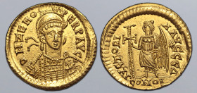 Pseudo-Imperial, uncertain AV Solidus. In the name of Zeno. Uncertain mint, AD 476-489. D N ZENO PERP AVG, pearl-diademed, helmeted and cuirassed bust...