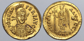 Pseudo-Imperial, uncertain AV Solidus. In the name of Zeno. Uncertain mint, AD 476-489. D N ZENO PERP AVG, pearl-diademed, helmeted and cuirassed bust...
