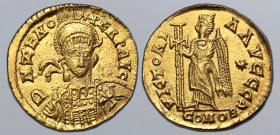 Pseudo-Imperial, uncertain AV Solidus. In the name of Zeno. Uncertain mint, AD 476-489. D N ZENO PERP AVG, pearl-diademed, helmeted and cuirassed bust...