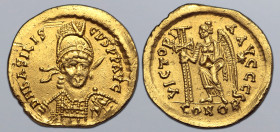 Basiliscus AV Solidus. Constantinople, 9 January - August AD 475. D N bASILISCµS P P AVG, pearl-diademed, helmeted and cuirassed bust facing slightly ...