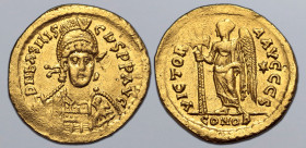 Basiliscus AV Solidus. Constantinople, 9 January - August AD 475. D N bASILISCµS P P AVG, pearl-diademed, helmeted and cuirassed bust facing slightly ...