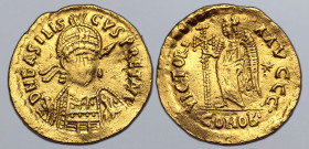 Basiliscus AV Solidus. Mediolanum(?), AD 475-476. D N bASILISCVS PRET AVG, pearl-diademed, helmeted and cuirassed bust facing slightly to right, holdi...