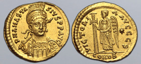 Anastasius I AV Solidus. Constantinople, AD 491-498. D N ANASTASIVS P P AVG, pearl-diademed, helmeted and cuirassed bust facing slightly to right, cro...