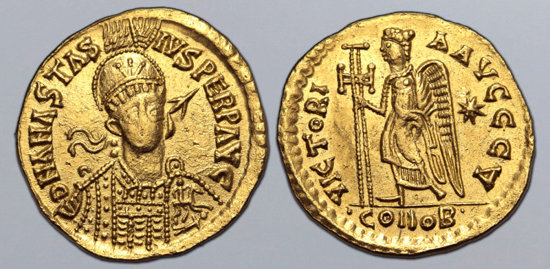 Pseudo-Imperial, uncertain AV Solidus. In the name of Anastasius I. Uncertain mi...