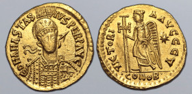Pseudo-Imperial, uncertain AV Solidus. In the name of Anastasius I. Uncertain mint, AD 491-518. D N ANASTASIVS PERP AVG, pearl-diademed, helmeted and ...