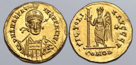 Pseudo-Imperial, uncertain AV Solidus. In the name of Anastasius I. Uncertain mint, AD 491-518. D N ANAƧTAƧIVƧ PERP AVG, pearl-diademed, helmeted and ...