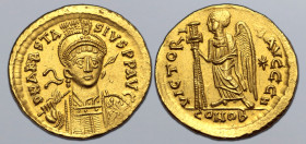 Anastasius I AV Solidus. Constantinople, AD 491-518. D N ANASTASIVS P P AVG, pearl-diademed, helmeted and cuirassed bust facing slightly to right, hol...