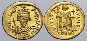 Phocas AV Solidus. Constantinople, AD 607-610. ∂ N N FOCAS PЄRP AVG, draped and cuirassed bust facing, wearing crown without pendilia and holding glob...