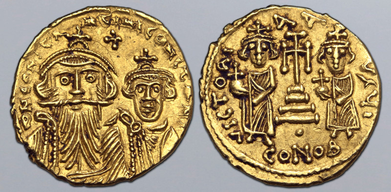 Constans II, with Constantine IV, Heraclius and Tiberius, AV Solidus. Ravenna, d...