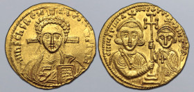 Justinian II AV Solidus. Second reign. Constantinople, AD 705-711. ∂ N IҺS CҺS RЄX RЄGNANTIЧM, bust of Christ Pantokrator facing / δ N IЧSTINIANЧS ЄT ...