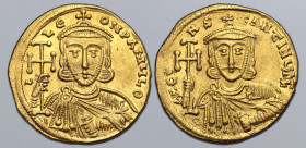 Constantine V Copronymus, with Leo III, AV Solidus. Constantinople, AD 740-742. C LЄON P A MЧL Θ, crowned and draped bust of Leo facing, holding cross...