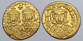 Constantine V Copronymus, with Leo IV and Leo III, AV Solidus. Constantinople, AD 756-764. COҺSƮAҺƮIҺOS S LЄOҺ O ҺЄOS, crowned facing busts of Constan...
