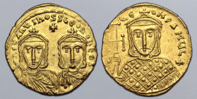 Constantine V Copronymus, with Leo IV and Leo III, AV Solidus. Constantinople, AD 764-773. COҺSƮAҺƮIҺOS S LЄOҺ O ҺЄOS, crowned facing busts of Constan...
