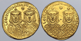 Leo IV 'the Khazar', with Constantine VI, Leo III, and Constantine V, AV Solidus. Constantinople, AD 778-780. LЄOҺ VS S ЄςςOҺ COҺSƮAҺƮIҺOS O ҺЄO[...],...