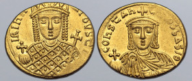 Constantine VI and Irene AV Solidus. Constantinople, AD 793-797. IRIҺH AΓOVSƮI, crowned facing bust of Irene, wearing loros, holding globus cruciger a...