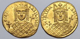 Irene AV Solidus. Constantinople, AD 797-802. ЄIRIҺH ЬASILISSH, crowned bust of Irene facing, wearing loros, holding globus cruciger and cruciform sce...
