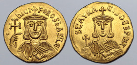 Nicephorus I, with Stauracius, AV Solidus. Constantinople, AD 803-811. • ҺICIFOROS ЬASILЄ', crowned facing bust of Nicephorus, wearing chlamys, holdin...