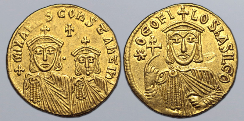 Theophilus, with Michael II and Constantine, AV Solidus. Constantinople, AD 831-...