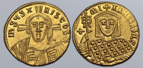 Michael III 'the Drunkard' AV Solidus. Constantinople, AD 856-866. IhSЧS XRISTOS *, facing bust of Christ Pantokrator, wearing pallium and colobium, c...