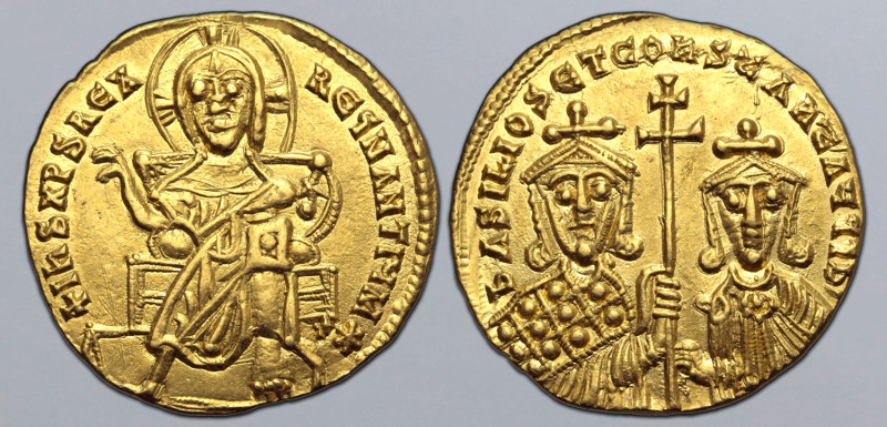 Basil I 'the Macedonian', with Constantine, AV Solidus. Constantinople, AD 870-8...