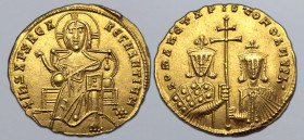Constantine VII Porphyrogenitus, with Romanus I and Christopher, AV Solidus. Constantinople, AD 924-931. ⧾ IhS XPS RЄX RЄϚNANTIЧM ⸭, Christ Pantokrato...
