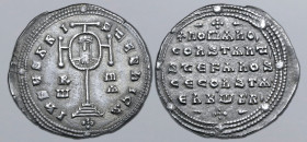 Constantine VII Porphyrogenitus, with Romanus I, Stephen and Constantine AR Miliaresion. Constantinople, AD 931-944. IҺSЧS XRISTЧS ҺICA, cross potent ...