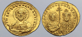 Nicephorus II Phocas AV Histamenon Nomisma. Constantinople, AD 967-969. ⧾ IҺS XPS RЄX RЄϚNANTȠ'ᙏ, facing bust of Christ Pantokrator / ⧾ ΘЄOTOC' b' HΘ'...