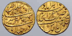 India, Mughal Empire. Aurangzeb Alamgir AV Mohur. Akbarabad mint, dually dated AH 1117/RY 49 = AD 1706. "Mihr munir" couplet with name and titles; AH ...