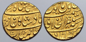 India, Mughal Empire. Muhammad Shah AV Mohur. Akbarabad mint, dually dated AH 113[8]/RY 8 = AD 1726. Name and titles in four lines; AH date above / Ju...
