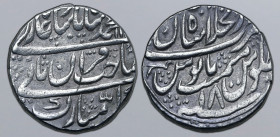 India, Mughal Empire. Muhammad Shah AR Nazarana Rupee. Dar al-Khilafa Shahjahanabad mint, dually dated AH 11[49]/RY 18 = AD 1737. Persian couplet; AH ...