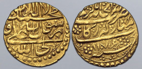 Zands, Muhammad Karim Khan AV 1/4 Mohur. Type D. Zarrabkhane-ye Mobarak-e Rikab mint, AH 1176 = AD 1762. Shi'ite kalima in four lines within dotted bo...