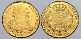 Chile, Spanish Colonial. Charles IV AV 8 Escudos. Santiago mint, 1797. NI DA. CAROL • IIII • D • G • HISP • ET IND • R •, armoured and draped bust of ...