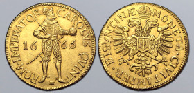 France, Besançon (Free imperial city) AV 3 Pistoles. In the name of Charles V. 1666. CAROLVS QVINT • ★ ROM • IMPERATOR, crowned and armoured full-leng...