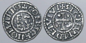 France, Maine (County). Herbert I 'le Éveillé-Chien' (Wakedog) AR Denier. Le Mans mint, 1015-1035. ✠ COMES CENOMANIS, Erbertus monogram / ✠ SIGNVM DEI...