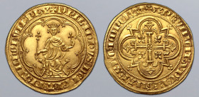 France, Kingdom. Philippe IV AV Masse d'Or. First Emission, 1296. ✠ PHILIPPVS: DEI: GRA: FRANCHORVM: REX, king enthroned facing on lion head throne, h...