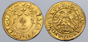 German States, Augsburg (Free City) AV Goldgulden. In the name of Karl V (Holy Roman Emperor). 1521.❀ AVGVSTA ♦ VINDELICORVM, coat-of-arms of Augsburg...